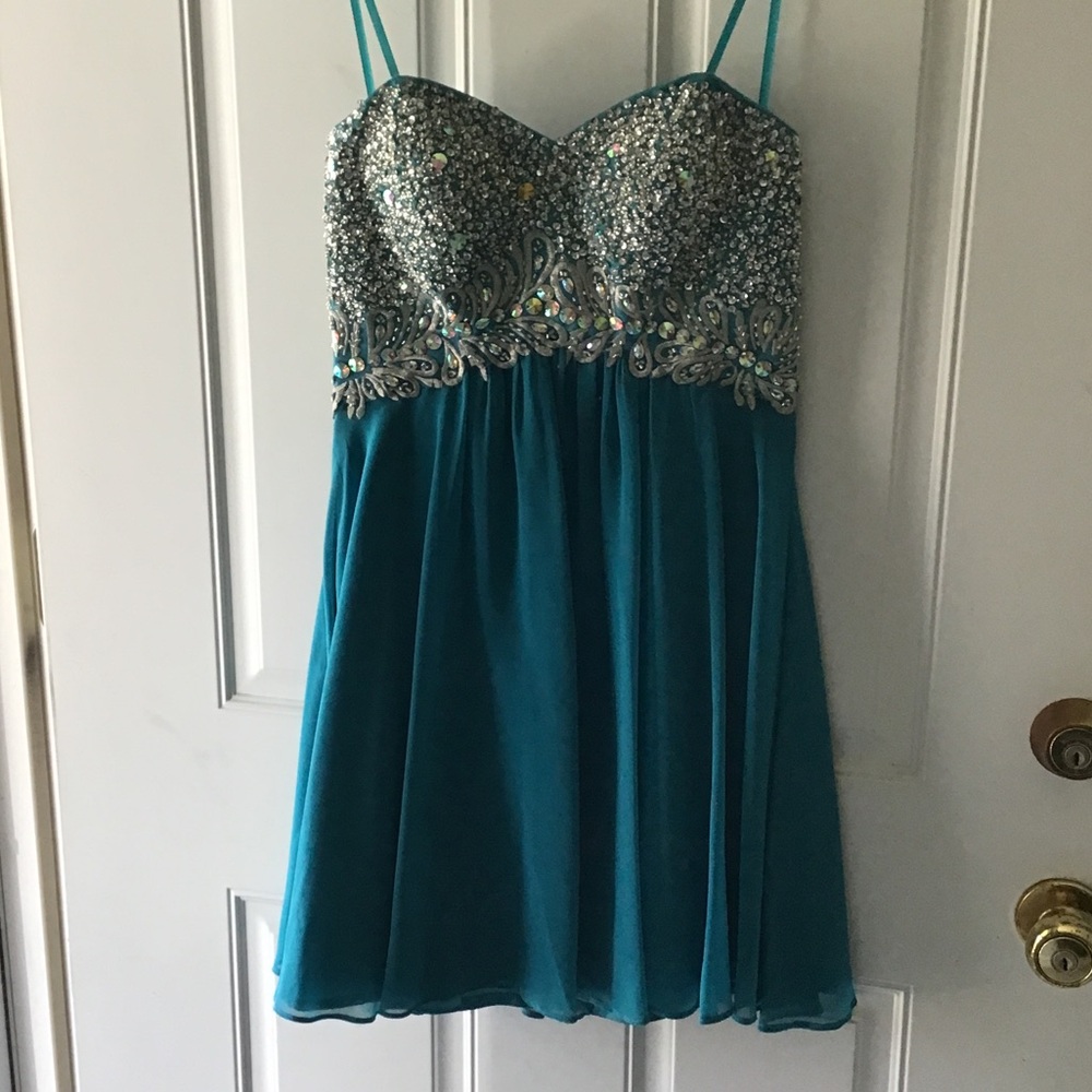 Strapless Teal Beaded Chiffon Party Dress
